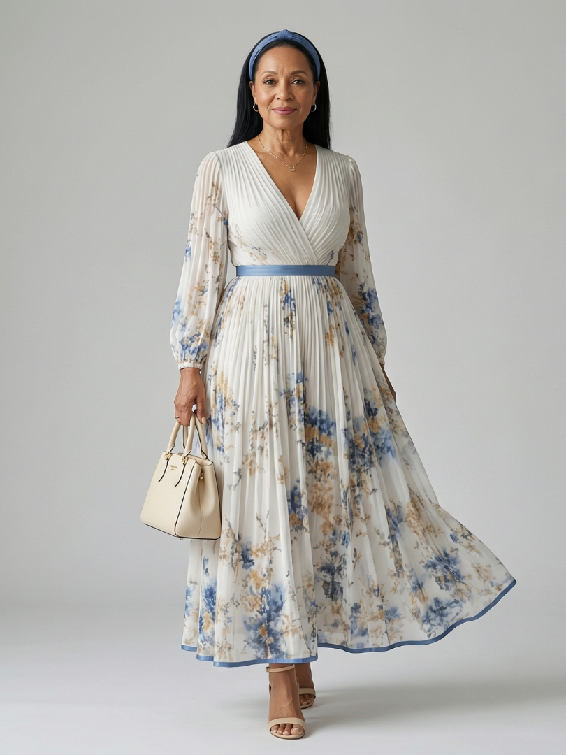 Riana™ | Vestido Midi Floral Cruzado con Falda Plisada y Mangas Largas