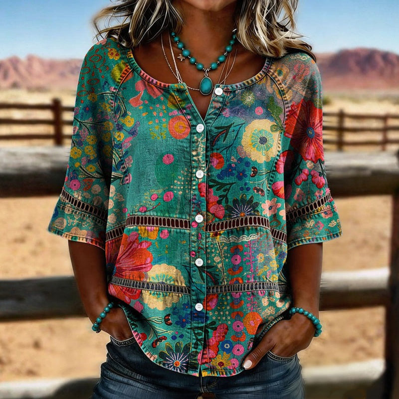 Milagros™ | Camisa Vintage Floral Multicolor de Manga 3/4