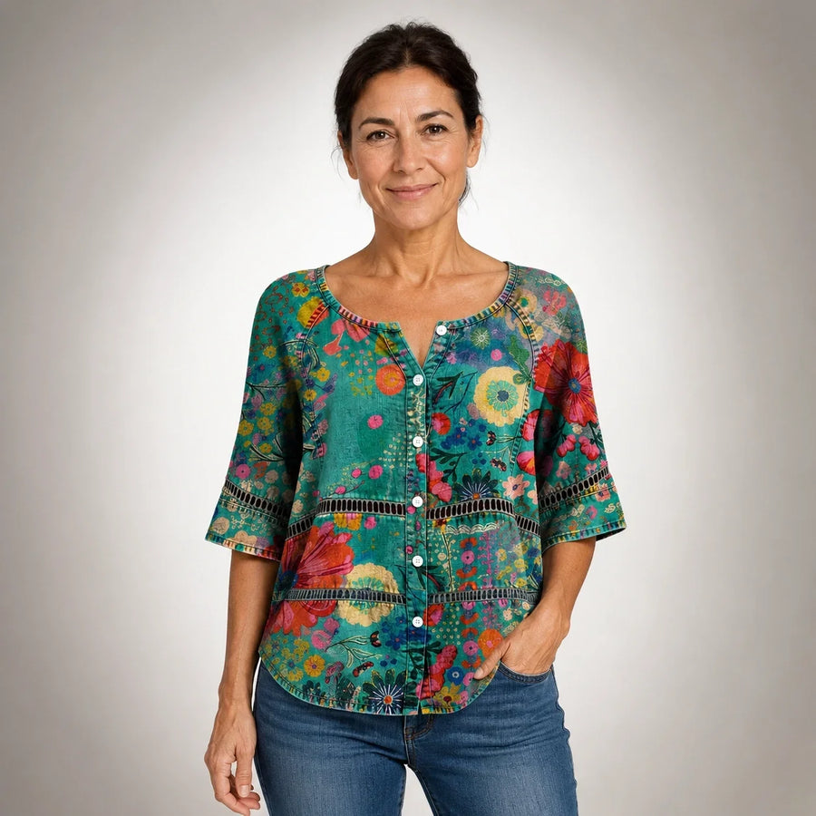 Milagros™ | Camisa Vintage Floral Multicolor de Manga 3/4